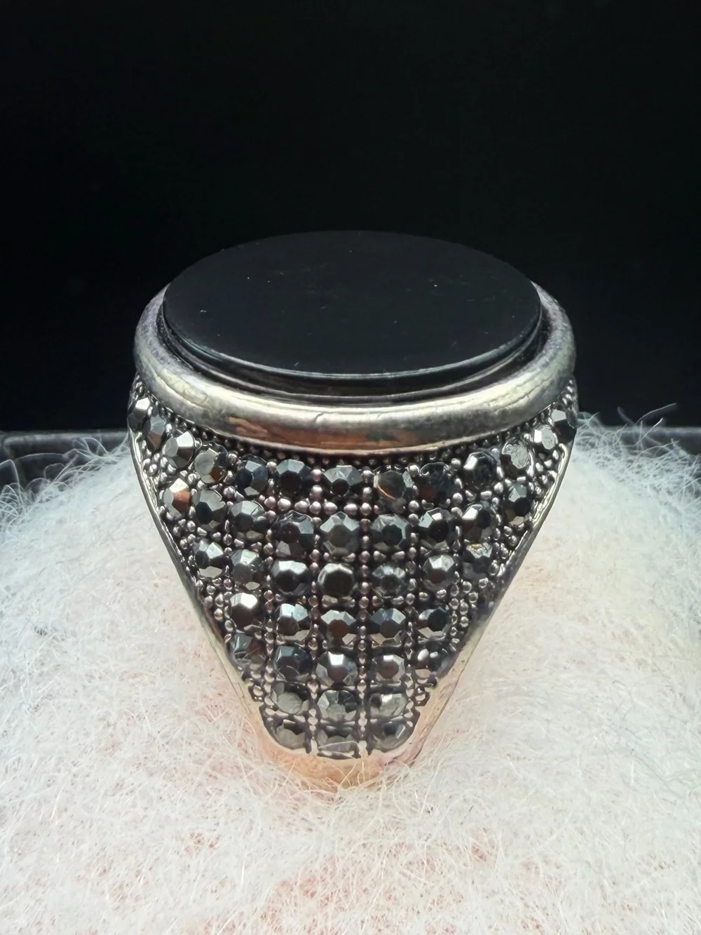 Vintage Men Silver Black Onyx Signet Ring Marcasite Ottoman Band Size 8
